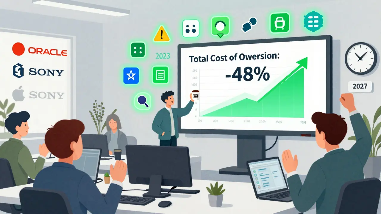 Office employees celebrate cost savings as open-source icons replace outdated software logos on a digital screen.