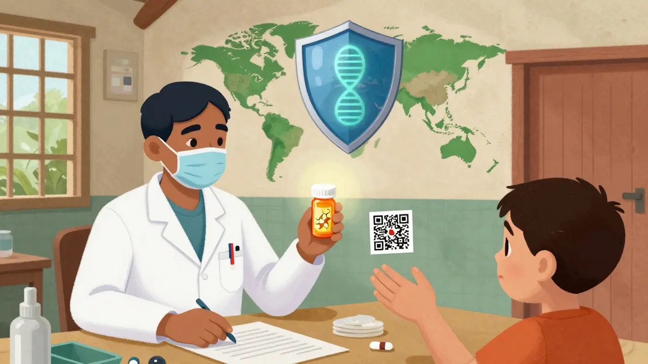 Patient checking pill authenticity with UV light in rural clinic, hidden security features visible.