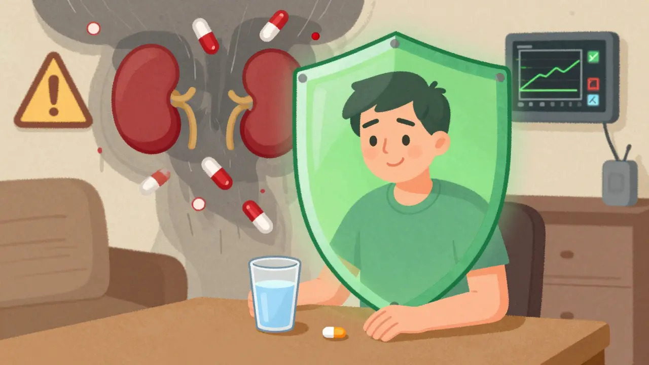 Patient safely taking acetaminophen with a protective shield blocking harmful NSAID pills.