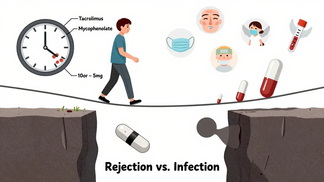 Patient walking a tightrope between rejection and infection, with pills and medical icons guiding their path.