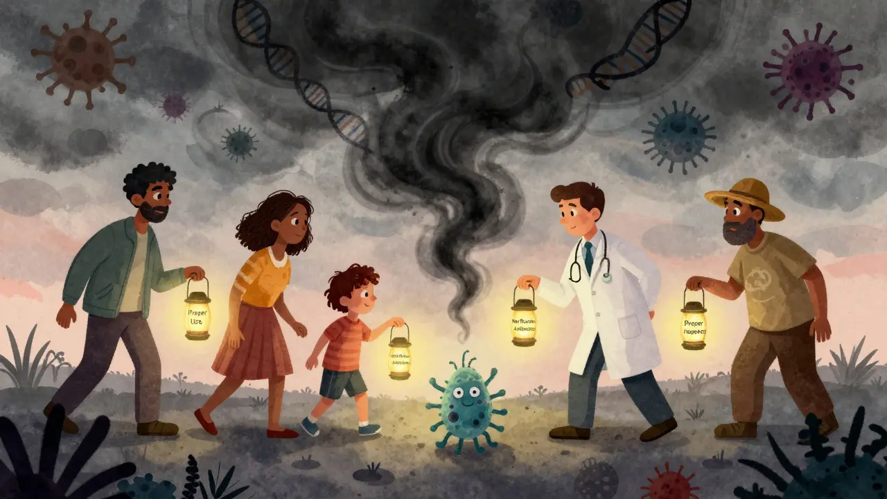 People holding lanterns of responsible actions pushing back a fog of superbugs, sunrise in the background.