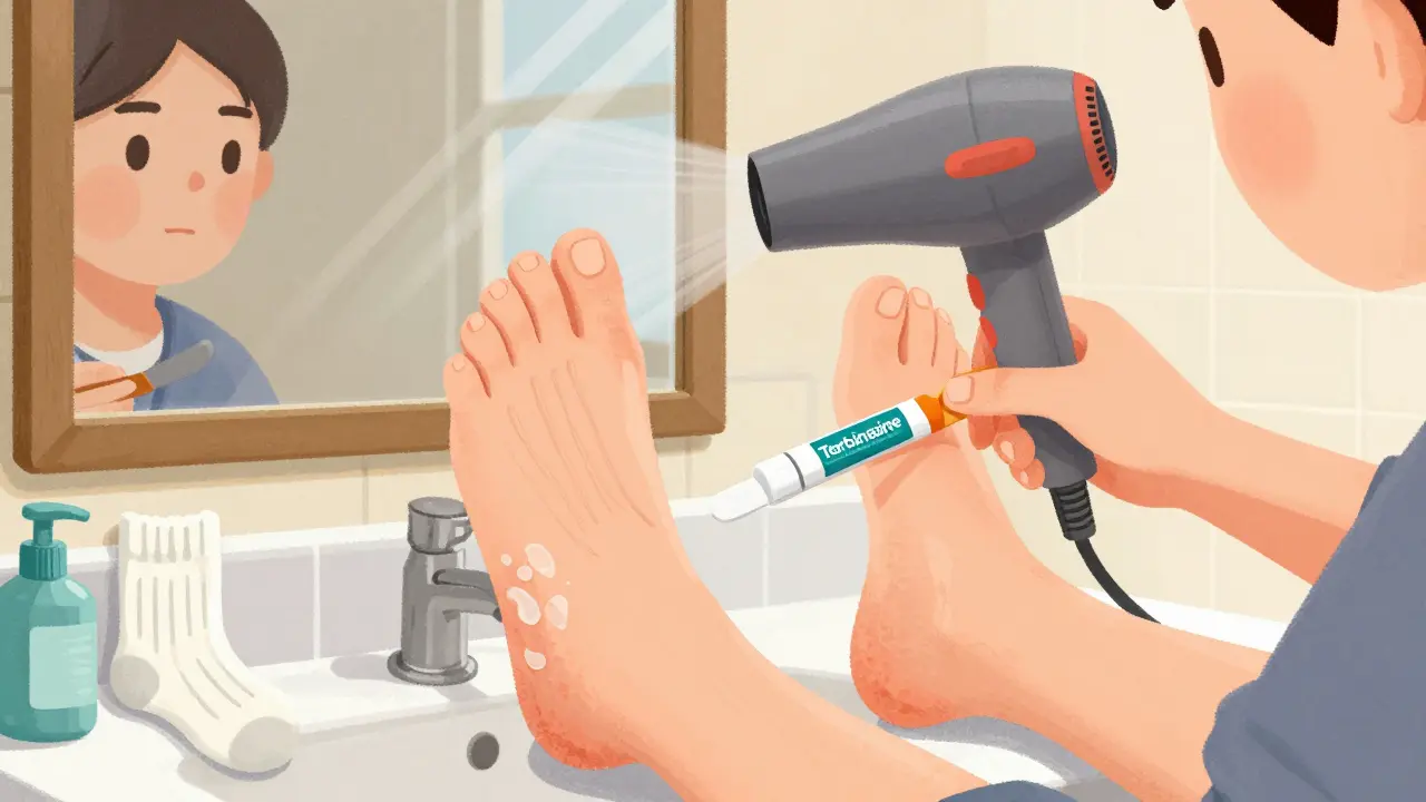 Person applying antifungal cream to both feet with hairdryer and clean socks nearby.