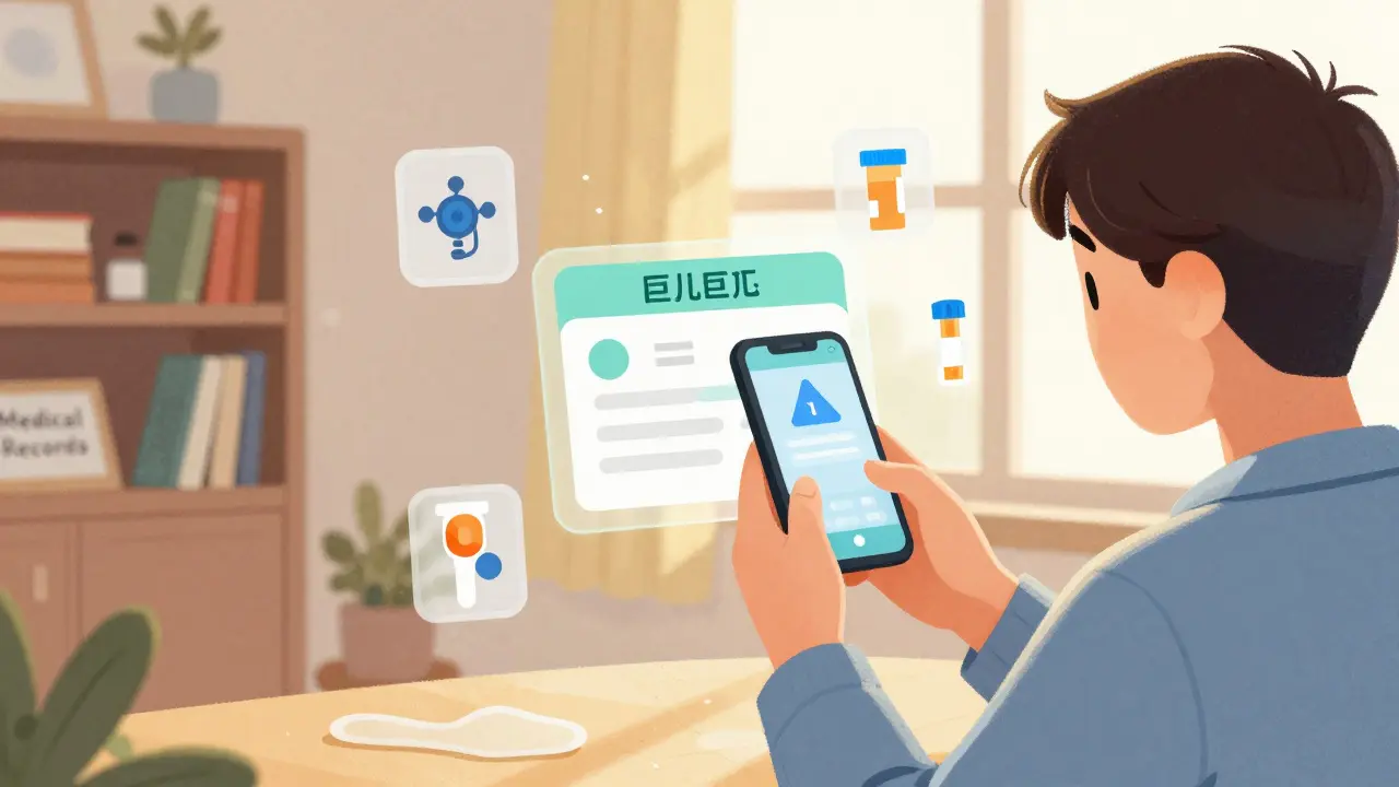 Person photographing a prescription bottle as a digital recall notification appears on their phone screen.