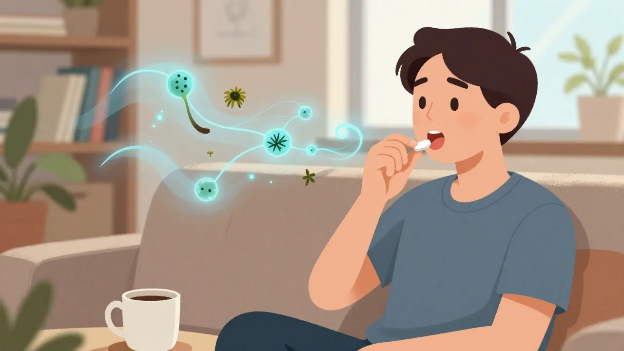 Person taking a sublingual tablet at home, with allergen molecules fading into calming waves.