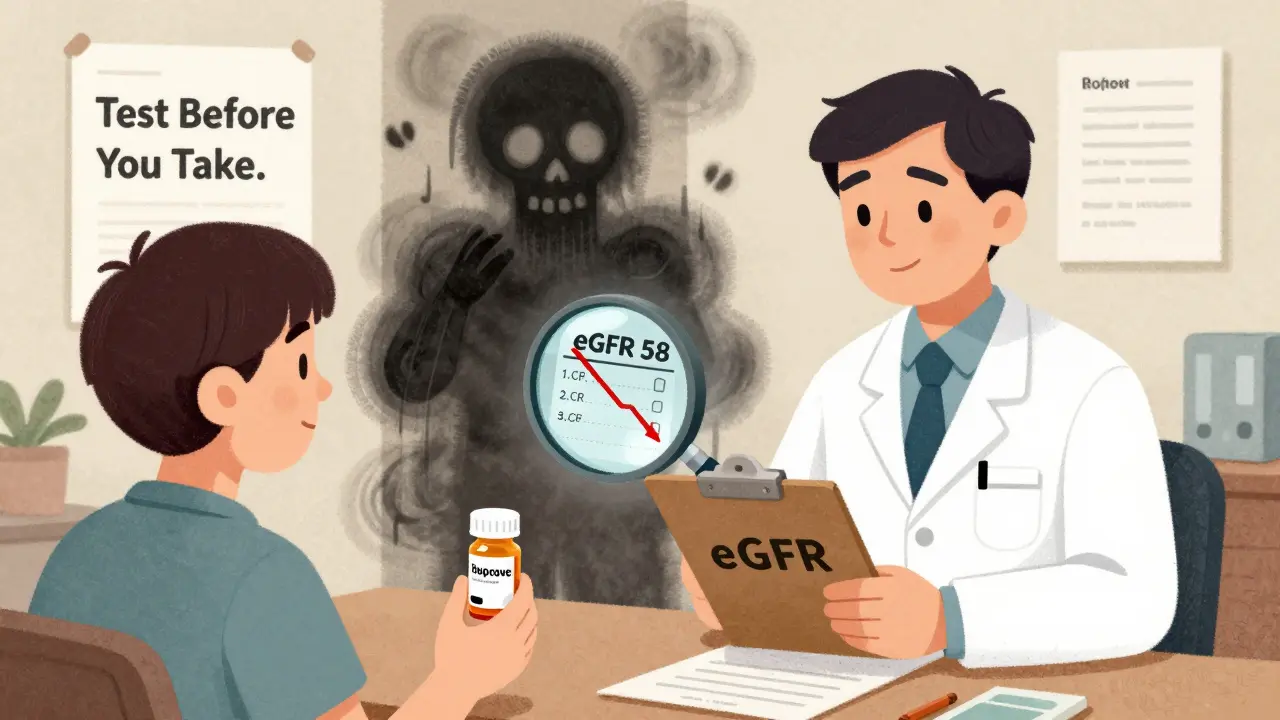 Pharmacist and patient reviewing blood test results showing dangerous kidney and blood cell changes.