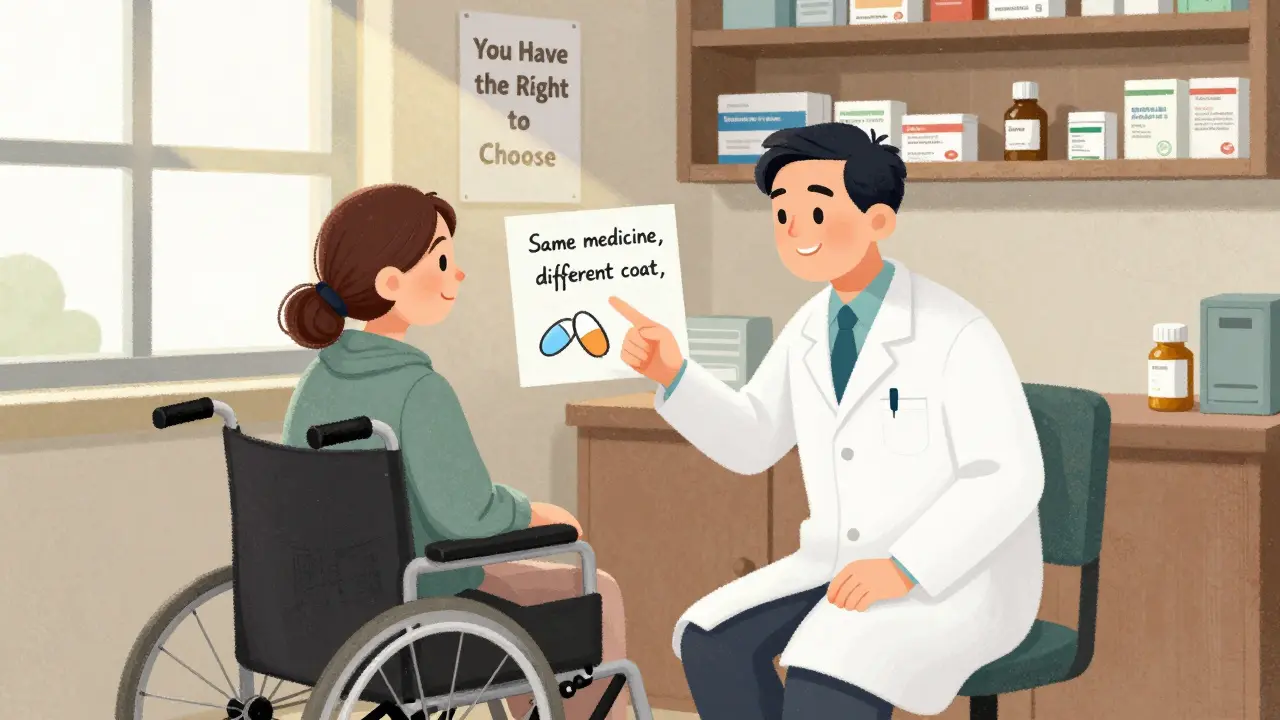 Pharmacist explaining generics to an elderly patient using a simple aspirin analogy in a rural clinic.