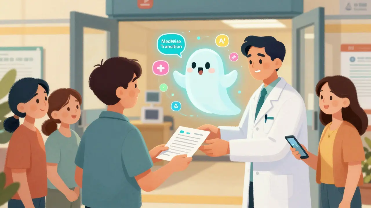 Pharmacist handing a medication list to a patient at hospital exit, with a glowing AI tool hovering nearby offering safety alerts.