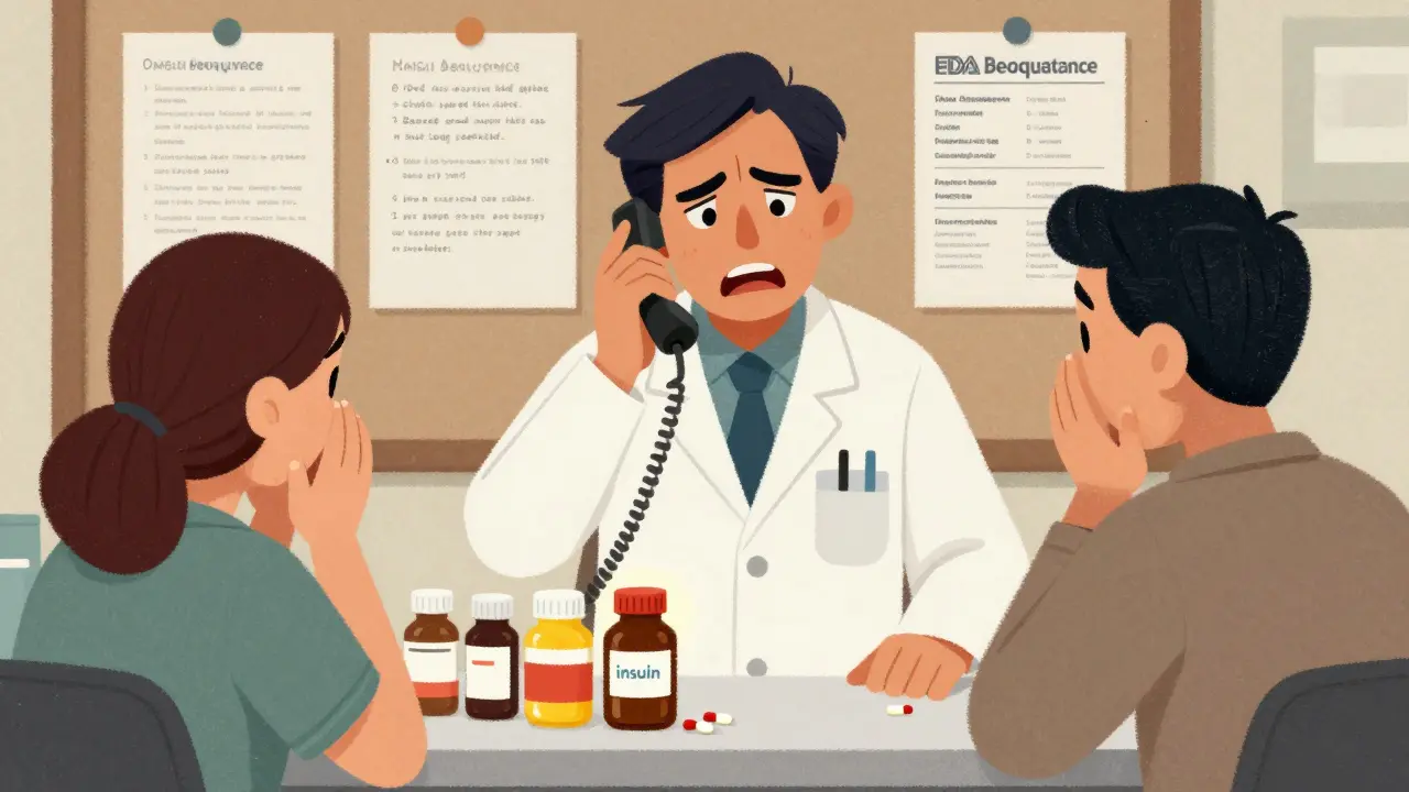 Pharmacist on the phone with a doctor while a patient faces multiple medication bottles in confusion.
