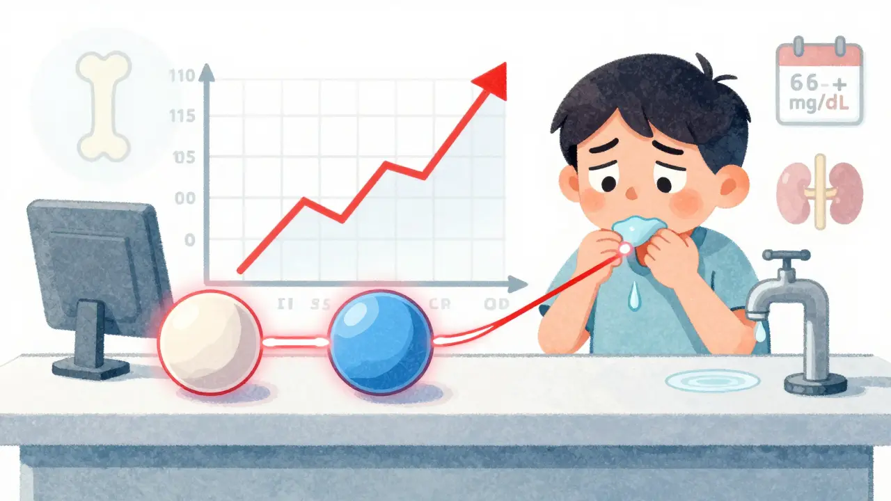 Pharmacy counter with thiazide and vitamin D pills connected to a rising calcium graph and patient symptoms.