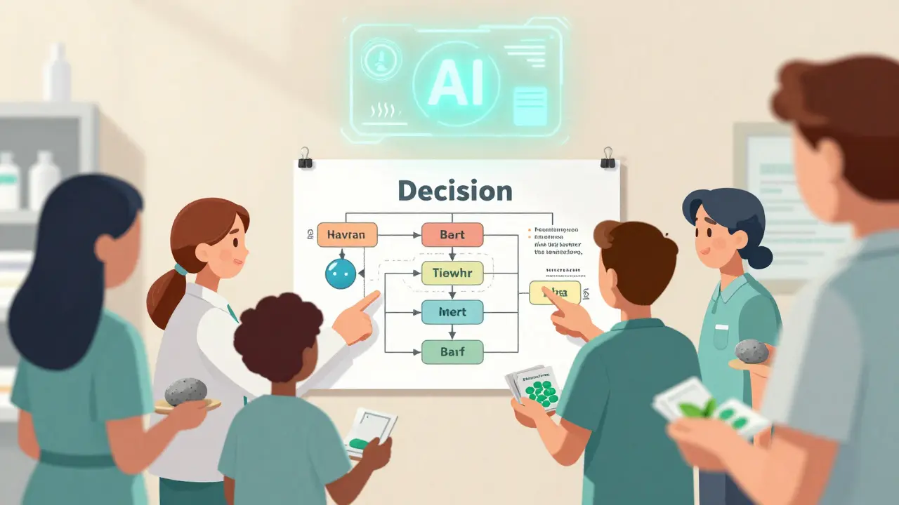 Pharmacy team following a printed decision flowchart, holding personal alert kits for calm response.