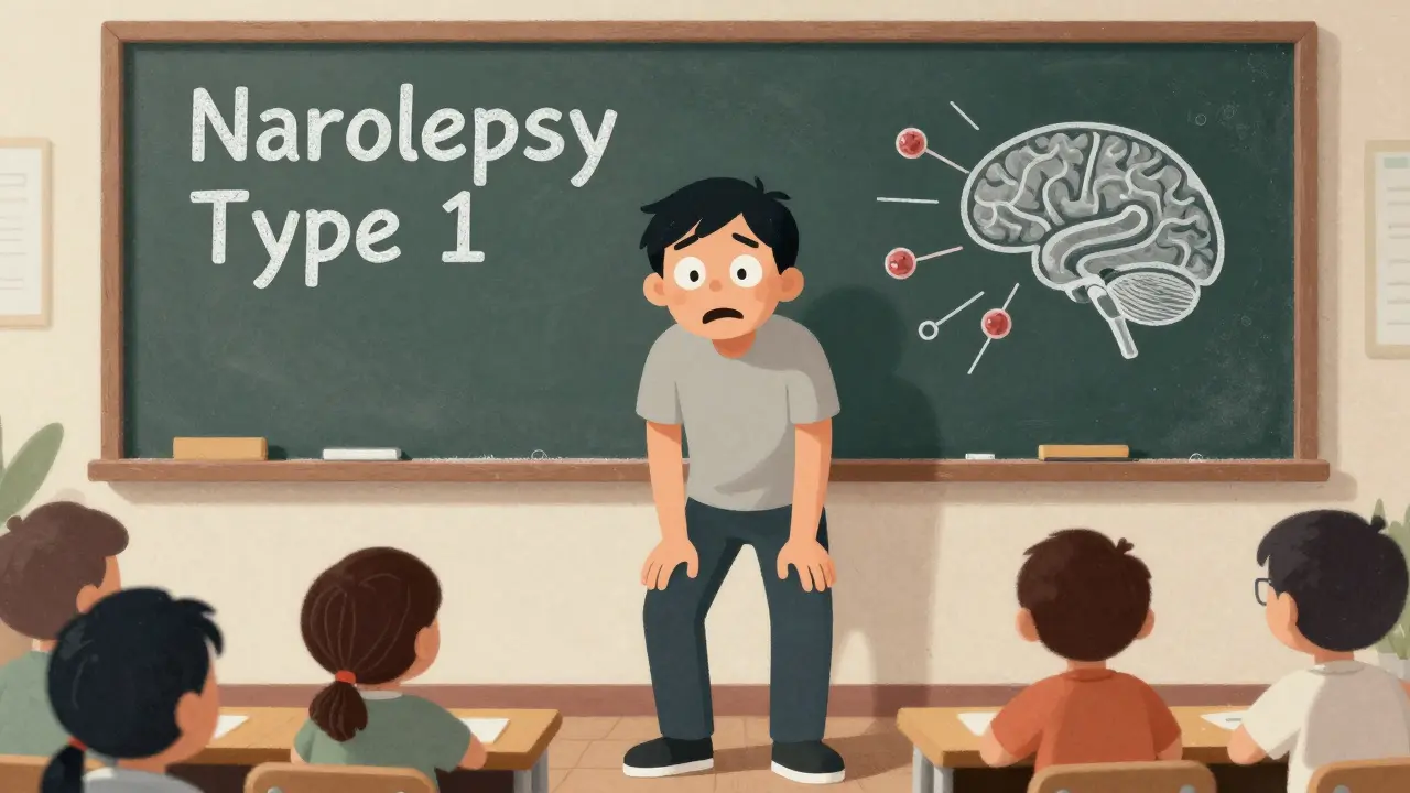 Someone experiencing cataplexy while standing in a classroom, eyes wide but body limp.