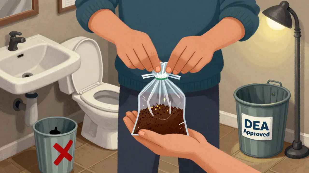 Someone mixing expired pills with coffee grounds in a sealed bag for safe trash disposal.