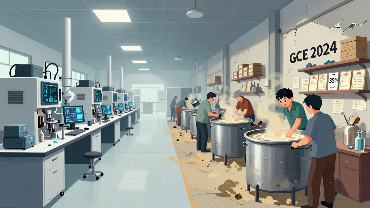 Split illustration comparing modern Western API labs with outdated Chinese batch processing facilities.