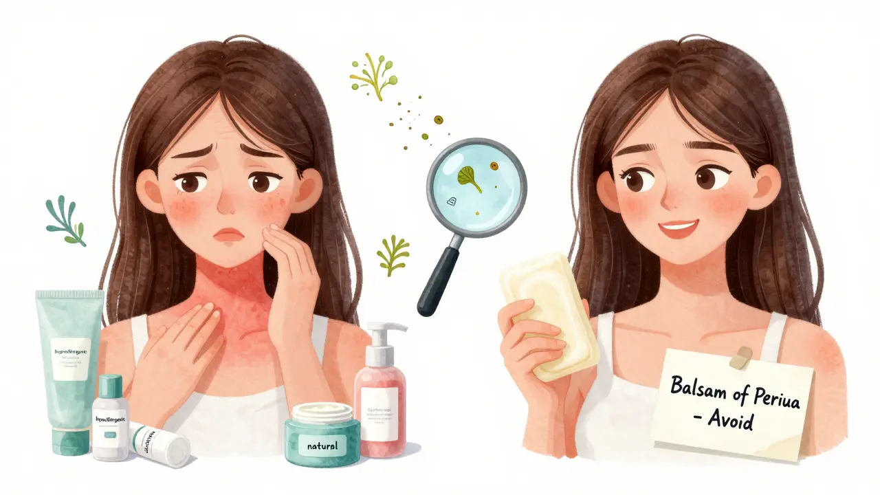 Split image of a woman with a rash versus clear skin, showing the impact of avoiding a hidden allergen.