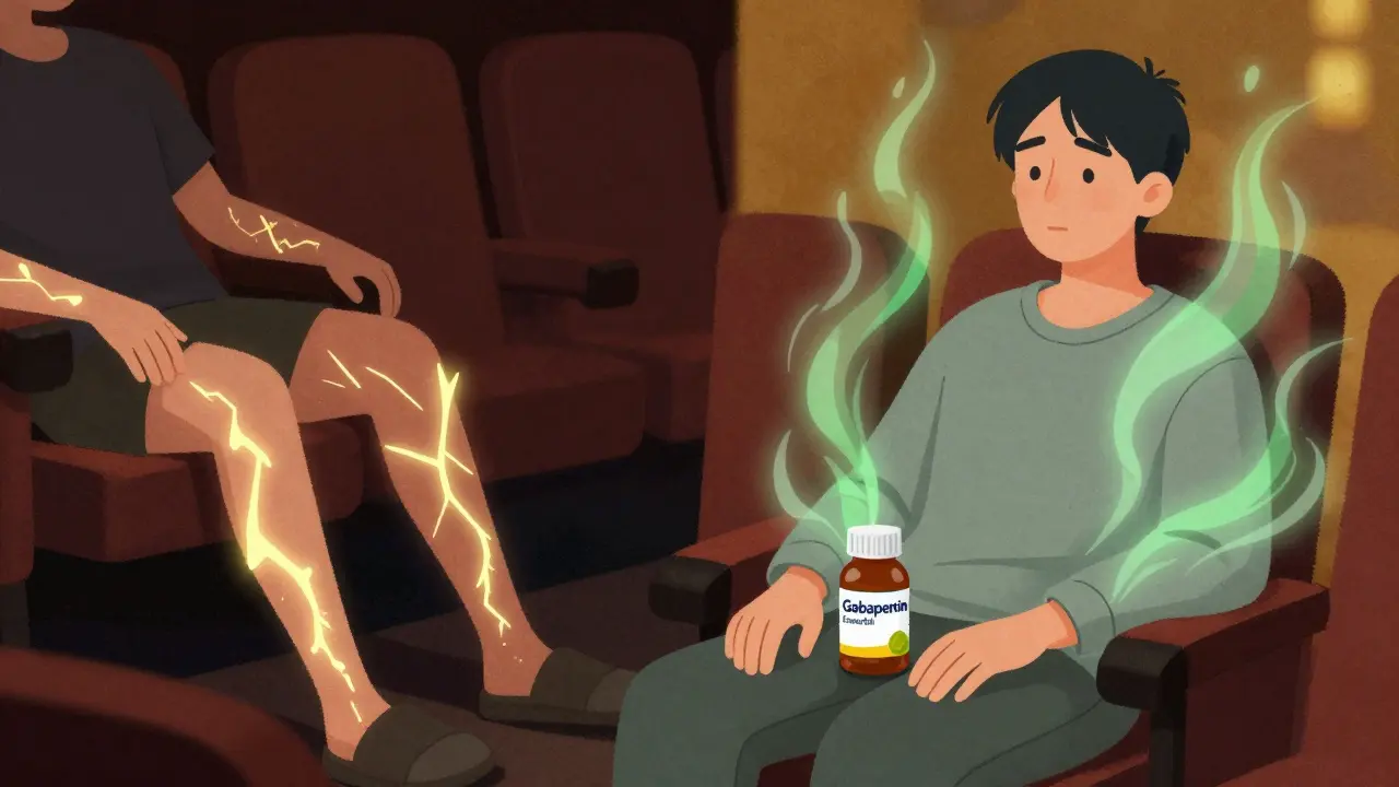 Split image: one side shows worsening leg movements in a theater, the other shows calm with new medication.