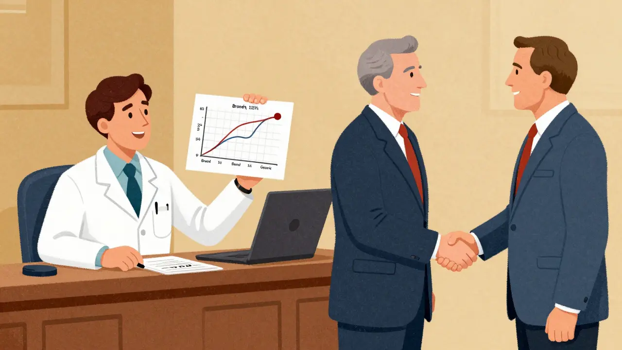 Split scene showing a scientist with bioequivalence data and lawmakers signing the ANDA agreement.