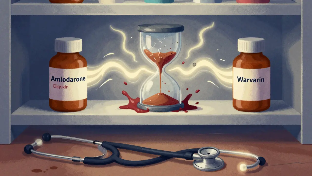 Three medication bottles emitting dangerous energy waves forming a blood-filled hourglass in textured art.