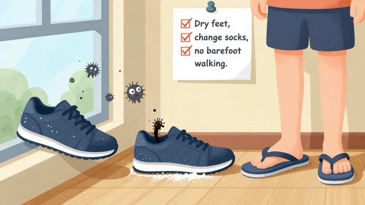 Three shoes in rotation with powder and flip-flops, fungus monsters fleeing dry footwear.