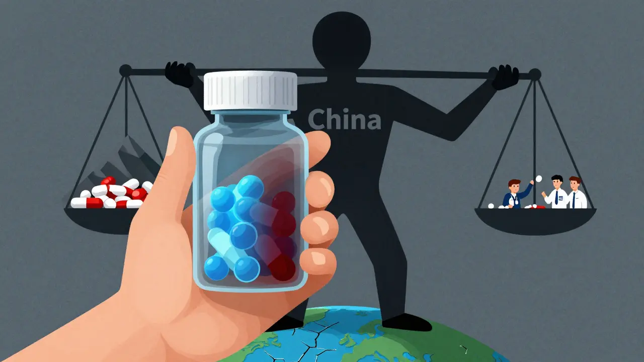 Transparent pill X-ray showing safe and contaminated API halves, with a global quality scale tipping dangerously.