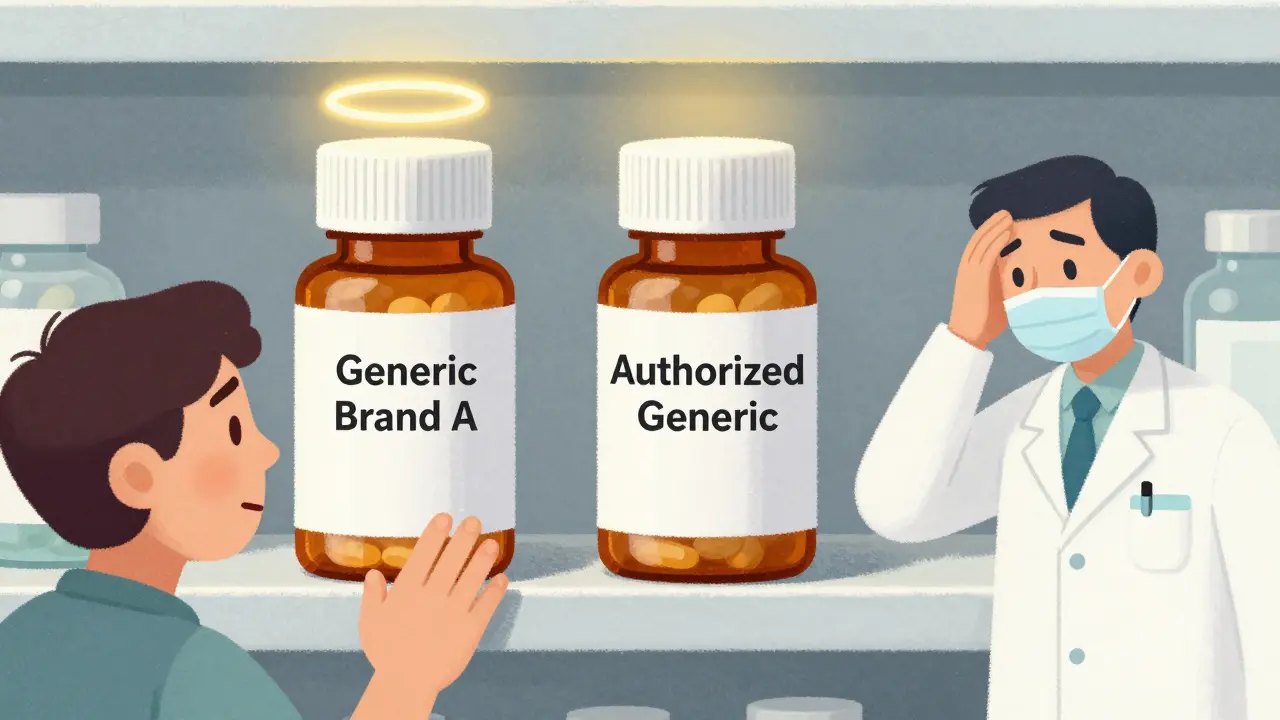 Two identical pill bottles on a pharmacy shelf — one labeled generic, the other hidden brand version — with confused patient and pharmacist.