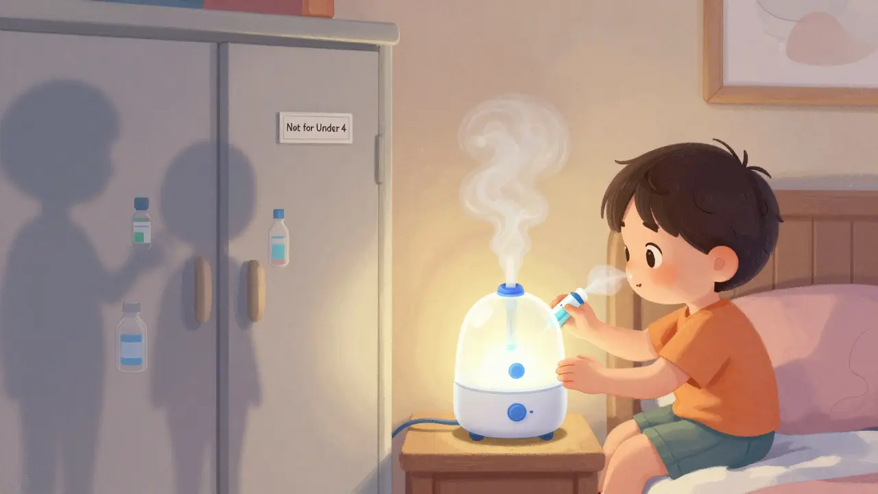 A child's room with a closed medicine cabinet, replaced by safe remedies like a humidifier and saline drops.