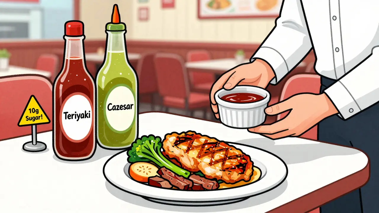 A diner asking for sauce on the side while a server places it next to a healthy grilled meal.