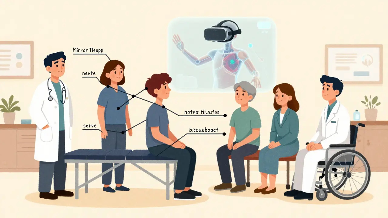 A healthcare team supporting a patient with interconnected treatment methods, including a virtual reality headset.