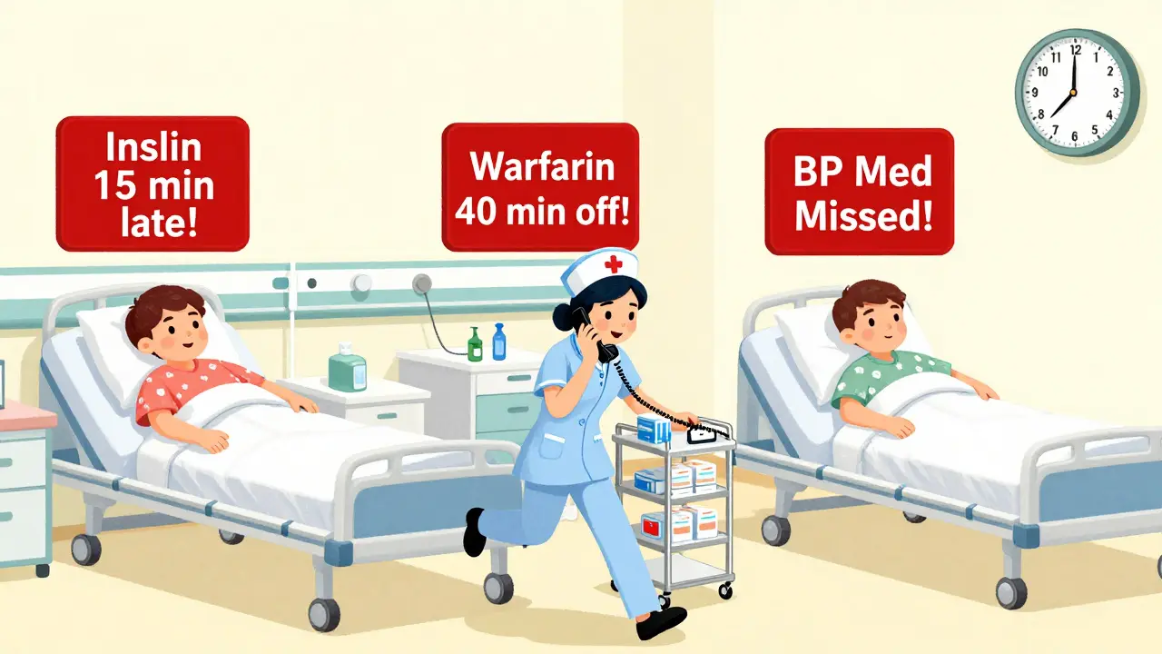 A nurse in a hospital overwhelmed by timing error alerts flashing above patients' beds during a late-night shift.