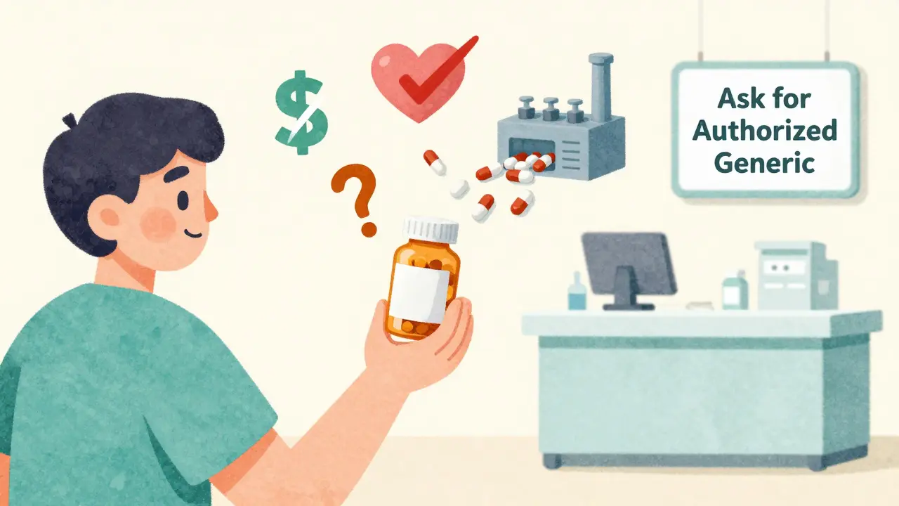 A patient holding a pill bottle with icons representing cost, safety, manufacturing, and a pharmacy counter encouraging them to ask for authorized generics.