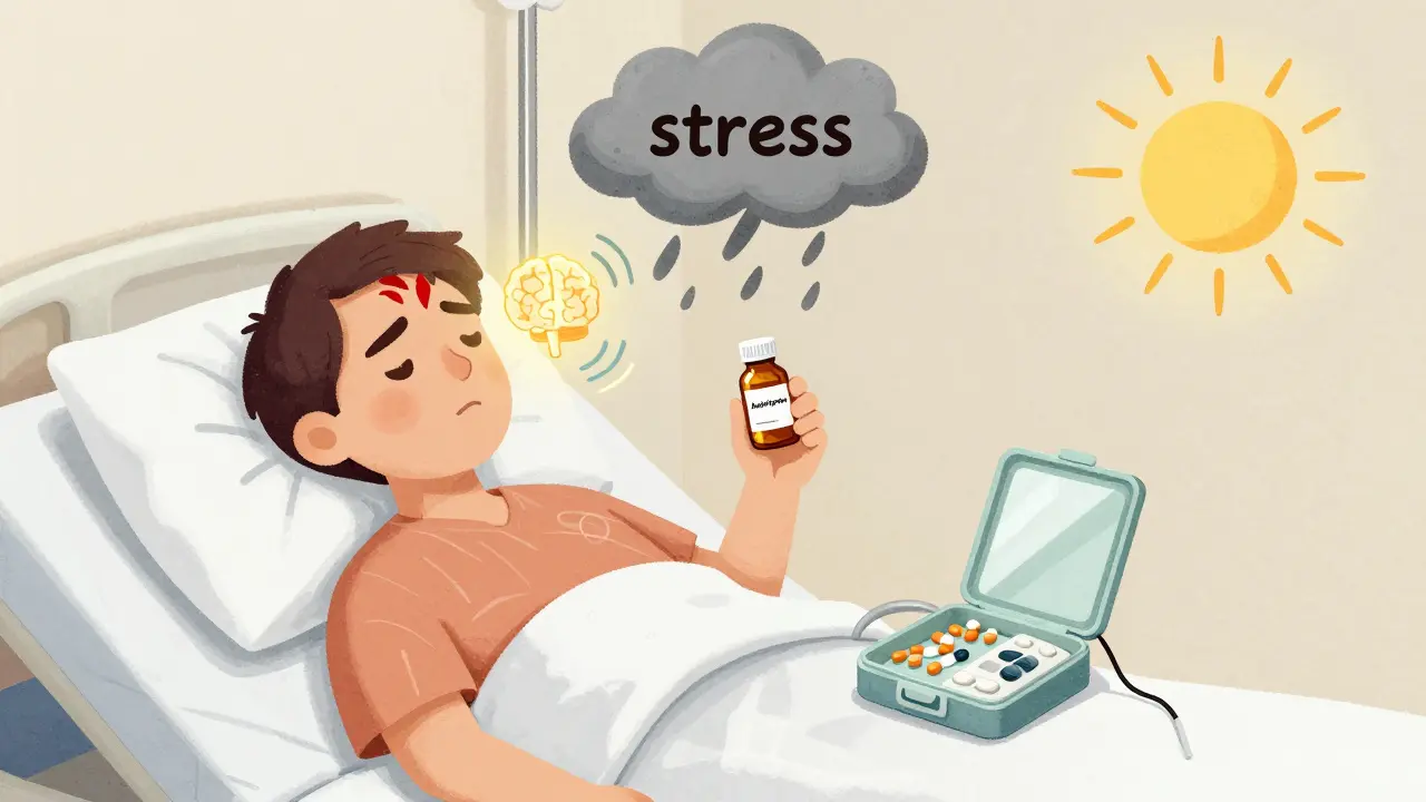 A patient surrounded by medications, a mirror box, and a TENS unit, with symbolic brain and stress imagery.