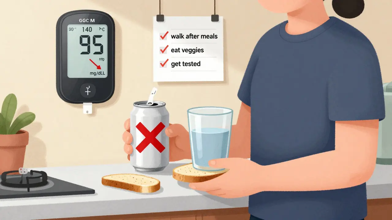 A person choosing water and whole grain bread over soda and white bread, with a CGM monitor showing improving blood sugar levels.