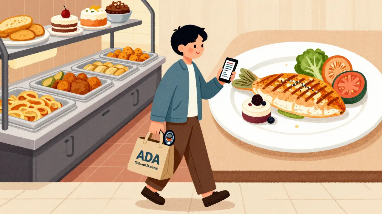 A person reviewing a restaurant menu on their phone with a glucose meter and ADA app bag nearby, choosing smart options over a buffet.