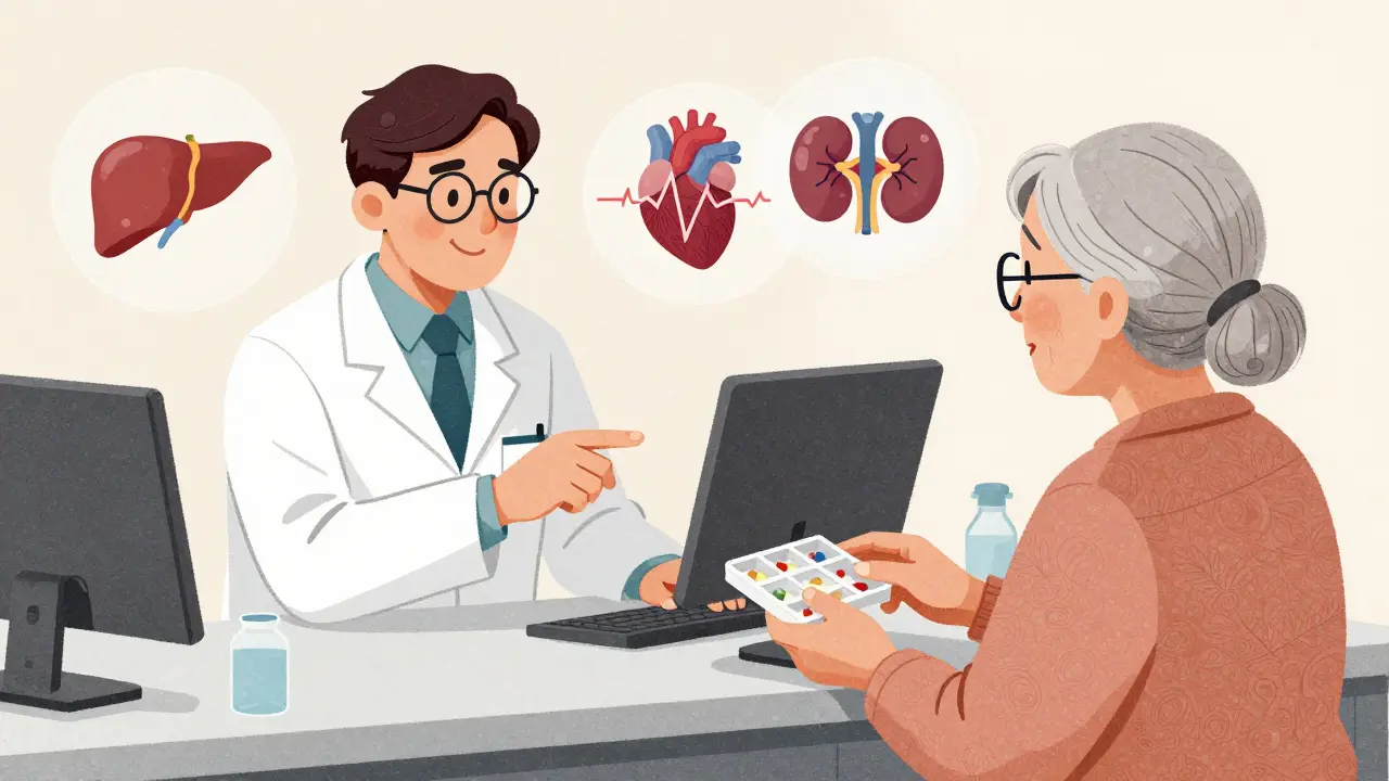 A pharmacist advising an elderly woman about medication safety, with symbolic health risks floating nearby.