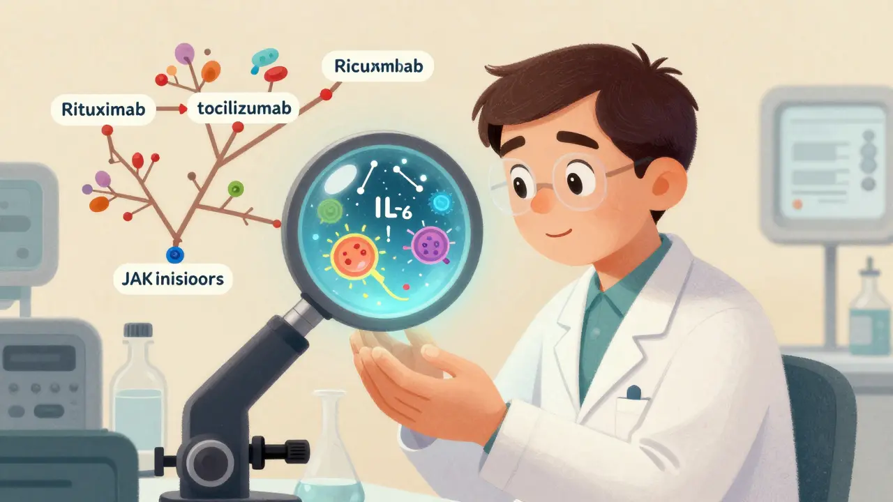 A scientist examining joint tissue under a lens, with drug targets branching like a tree, representing personalized RA treatment.