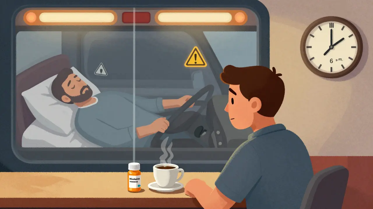 A truck driver sits at a diner at 4 a.m., torn between coffee and wakefulness pills as time conflicts with his body’s needs.
