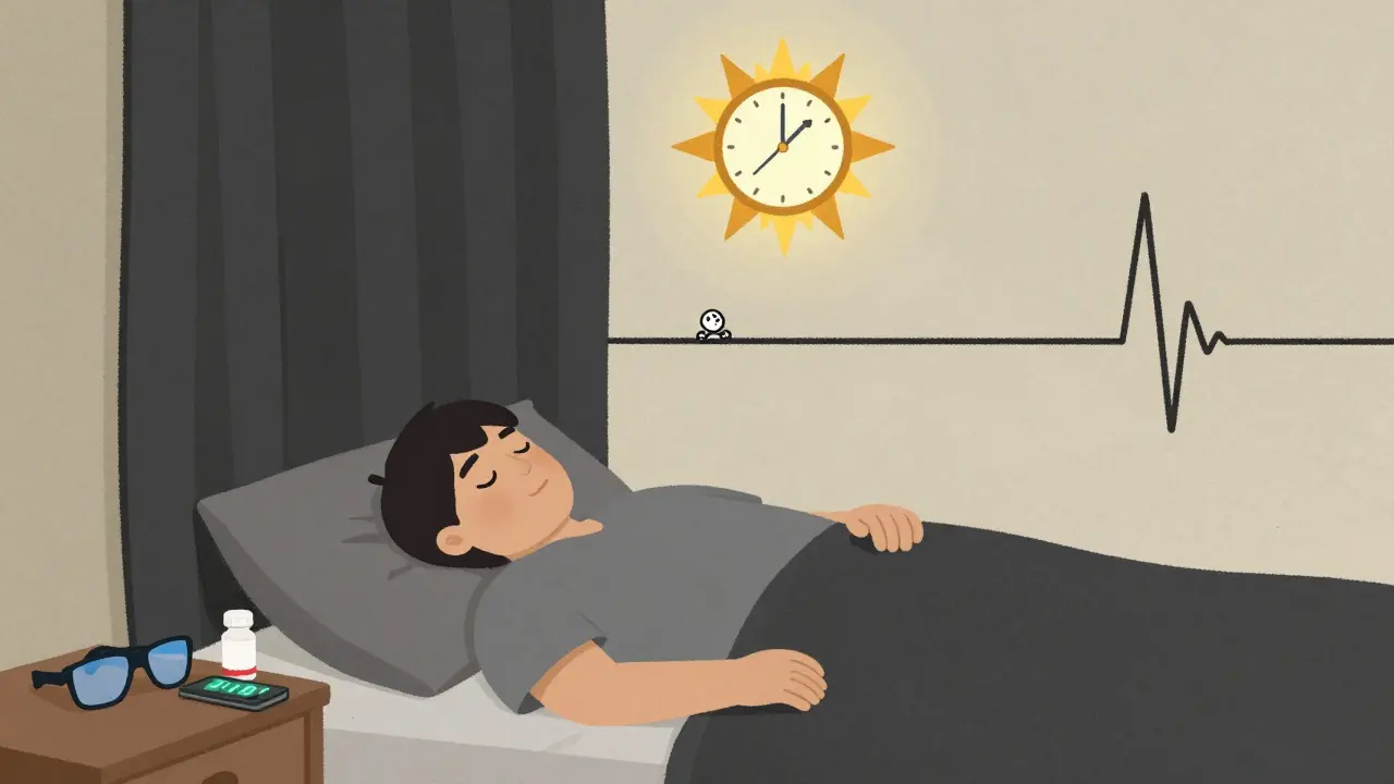 A worker’s bedroom is dark and calm, with melatonin, blue-light glasses, and a nap timer promoting safe sleep habits.