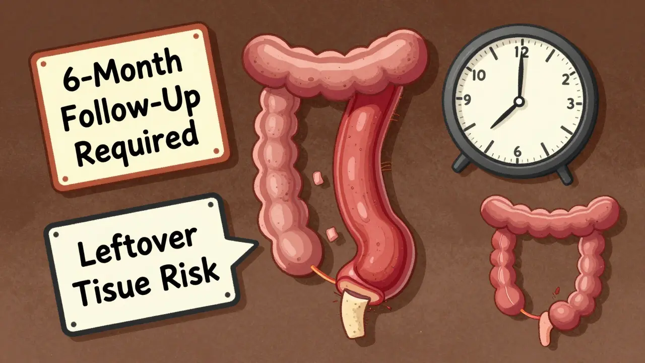 Colon with a large polyp removed in pieces, surrounded by a 6-month follow-up warning and ticking clock.