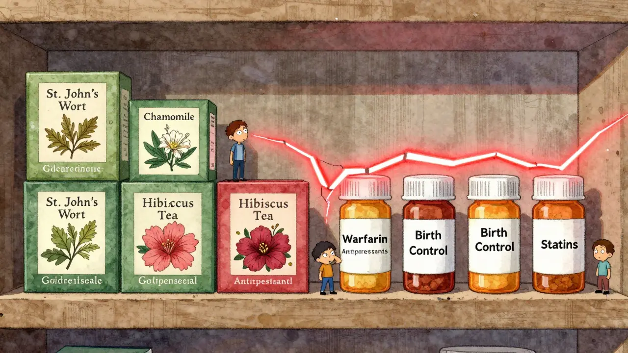 Herbal tea boxes and prescription bottles connected by a warning red line, symbolizing dangerous interactions.