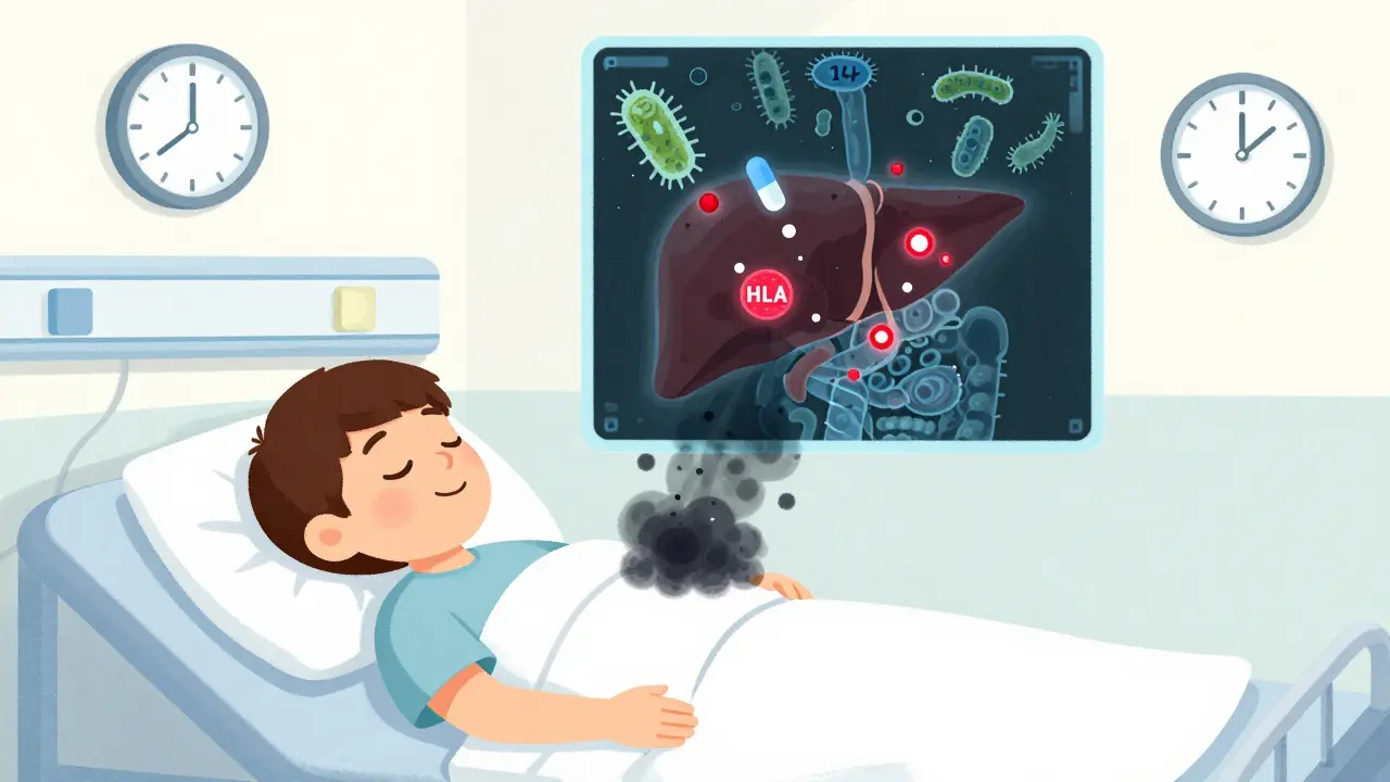 Patient in hospital with invisible toxins leaking from gut to liver as antibiotics act.