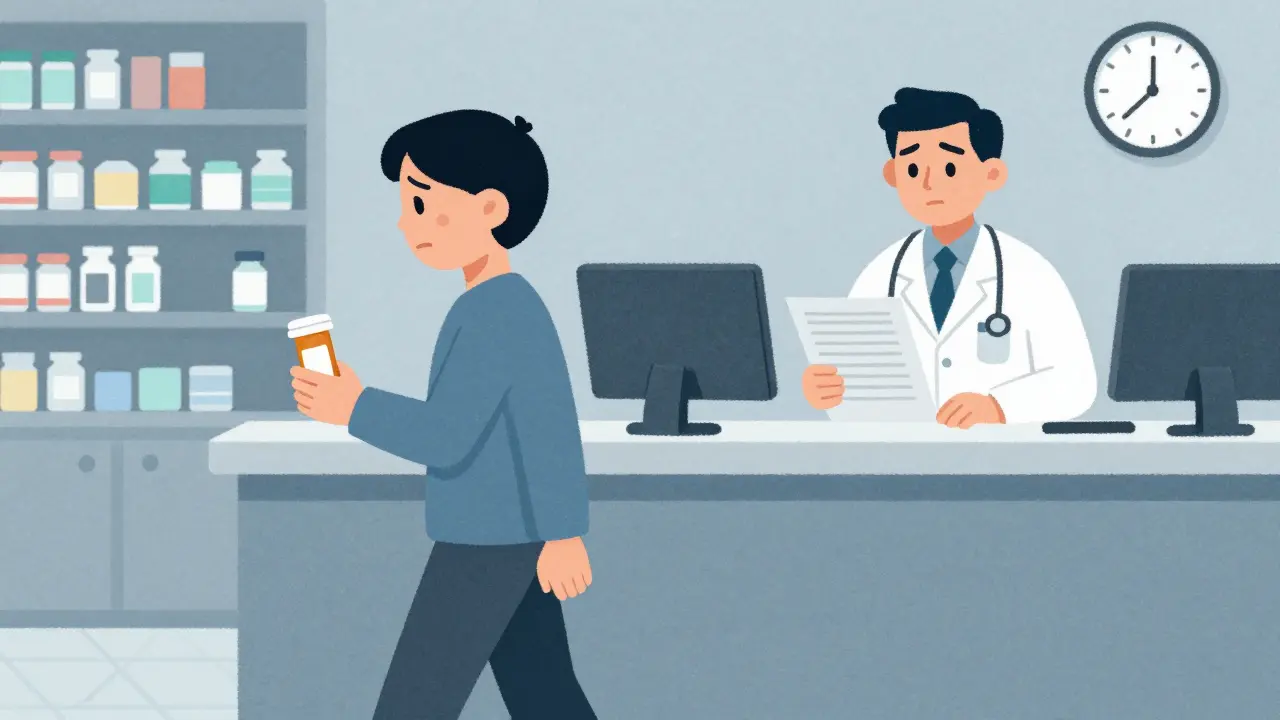 Patient leaving pharmacy distressed, doctor with paperwork and clock.