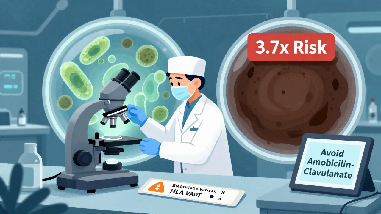 Scientist examining gut bacteria sample, one healthy and one depleted, with genetic risk warning.