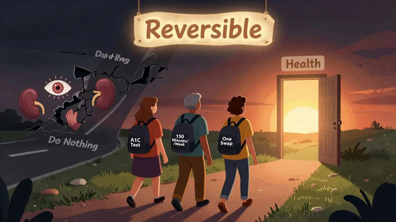 Three diverse people walking toward a sunrise with healthy habit backpacks, leaving behind a fading path of diabetes complications.