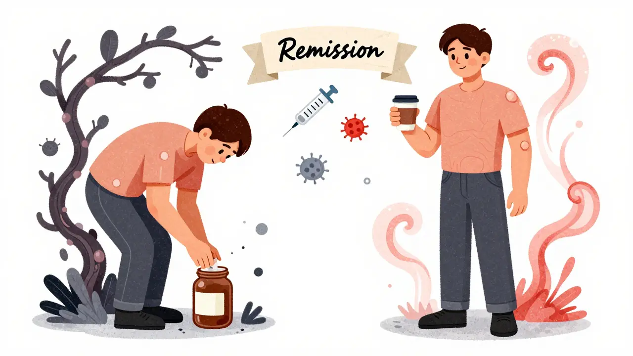 Two contrasting scenes of a person before and after biologic treatment, showing restored mobility and reduced inflammation.