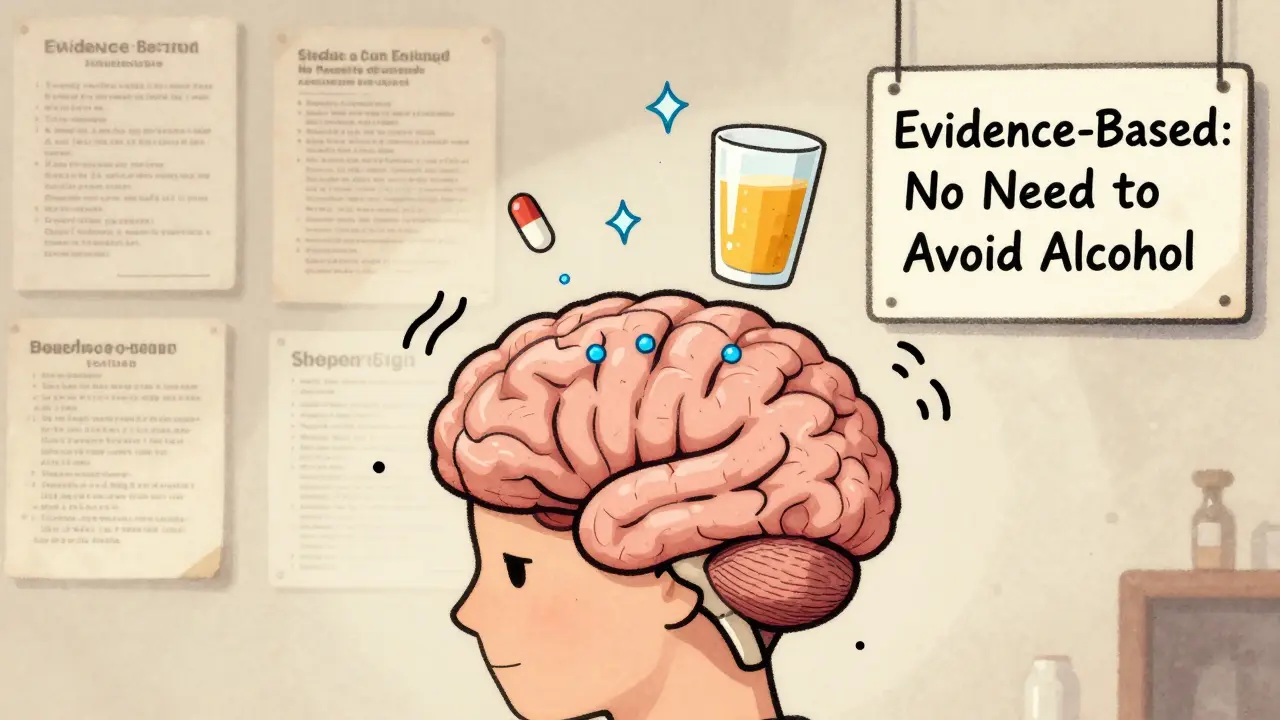 A brain affected by serotonin from metronidazole and alcohol, with subtle dizziness symbols and outdated guidelines fading away.