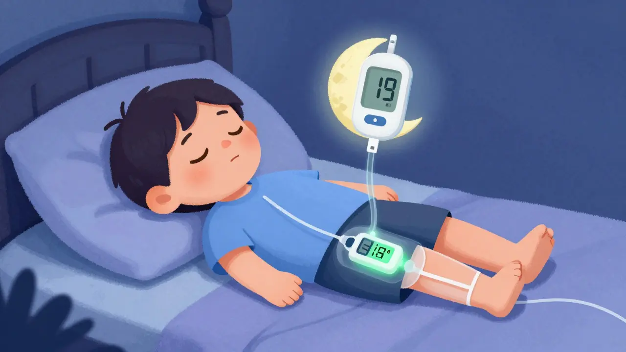 A child sleeping peacefully with a waterproof insulin pump and stable glucose reading above.