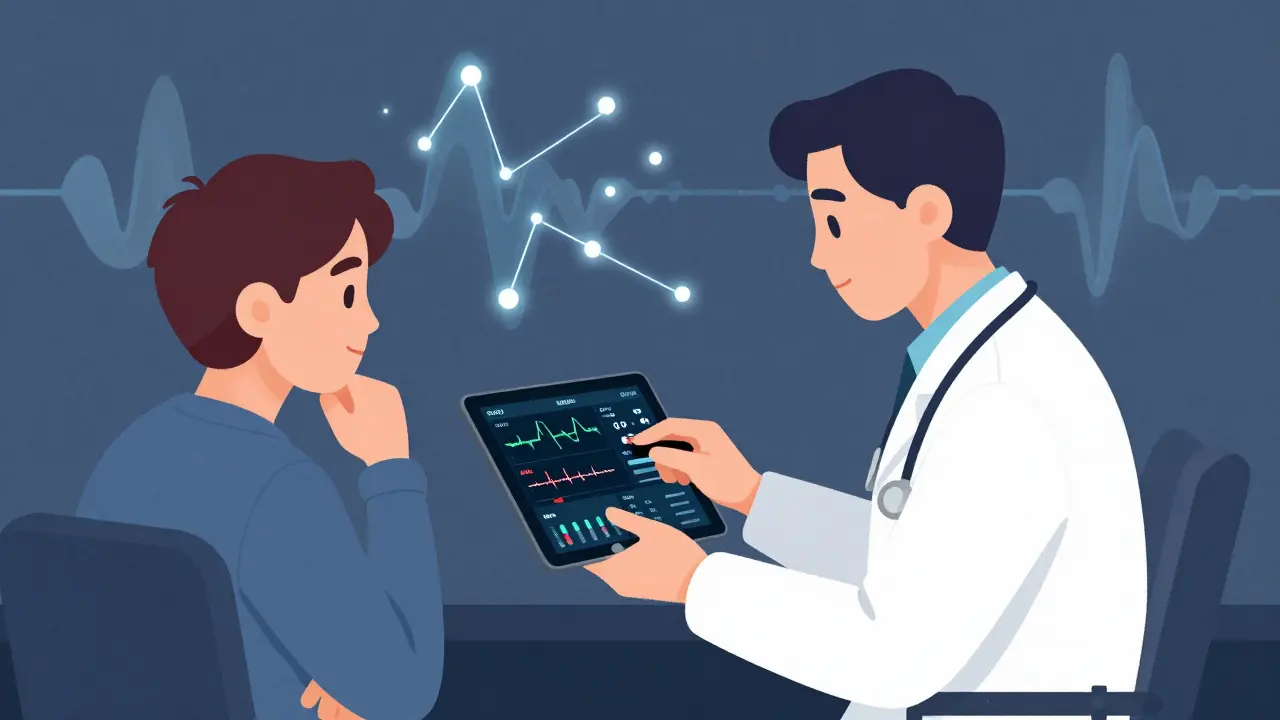 A doctor and patient reviewing digital health data showing medication adherence and vital signs.