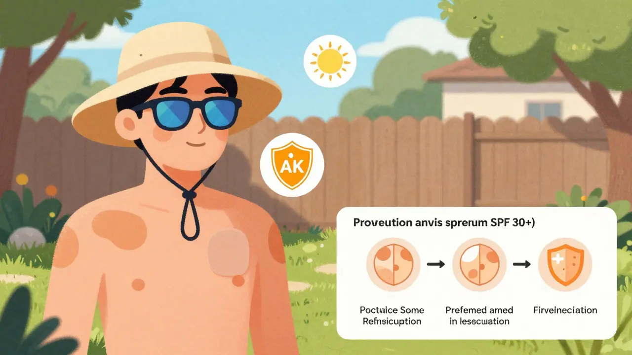 A person applying sunscreen while wearing protective gear, with icons showing prevention of skin damage.