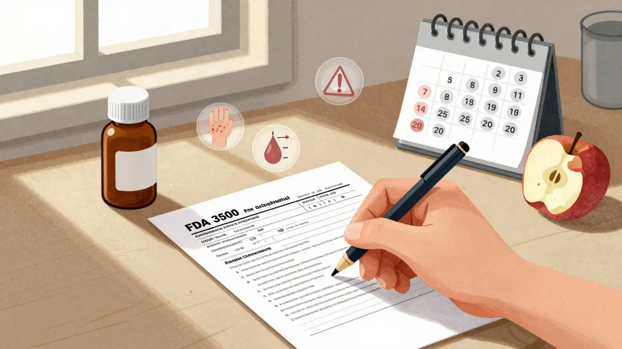 A person filling out a MedWatch form at home with medicine bottle and calendar nearby.