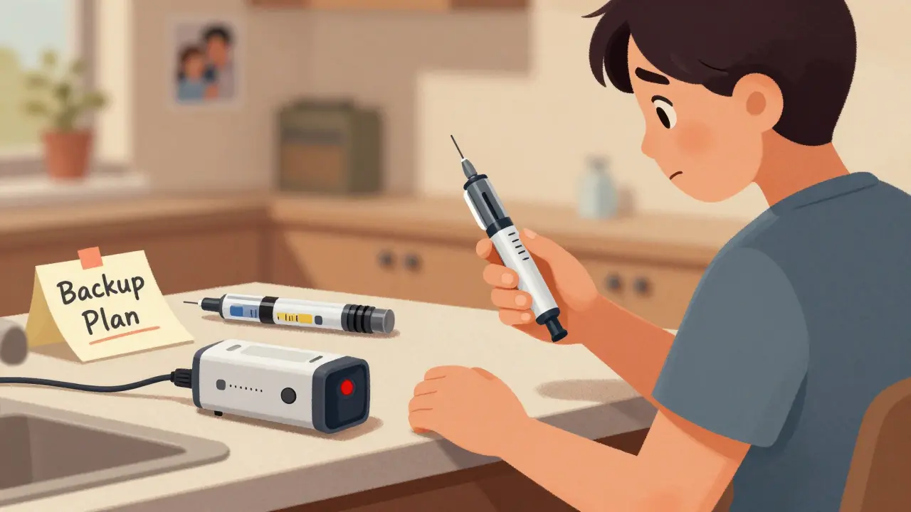 A person holding an insulin pen while facing a broken pump, with backup supplies visible.