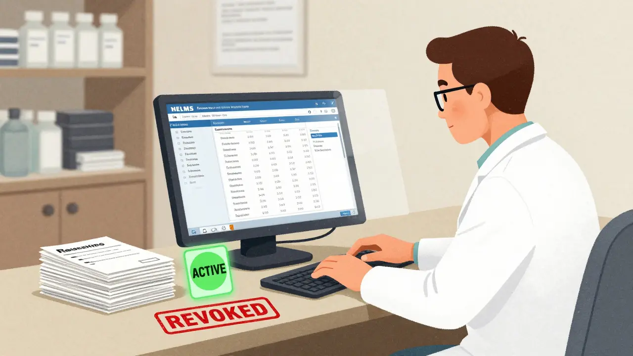 A pharmacist verifies a pharmacy license using Washington State's HELMS system, with NABP Verify data overlay showing real-time state updates.